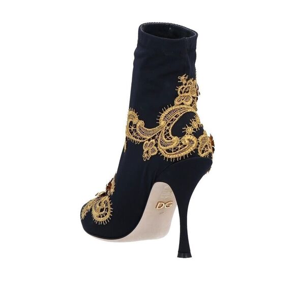 DOLCE & GABBANA Lori 100 Baroque Embroidery Lace Stretch Sock Boot Black Gold 35 - Picture 5 of 8
